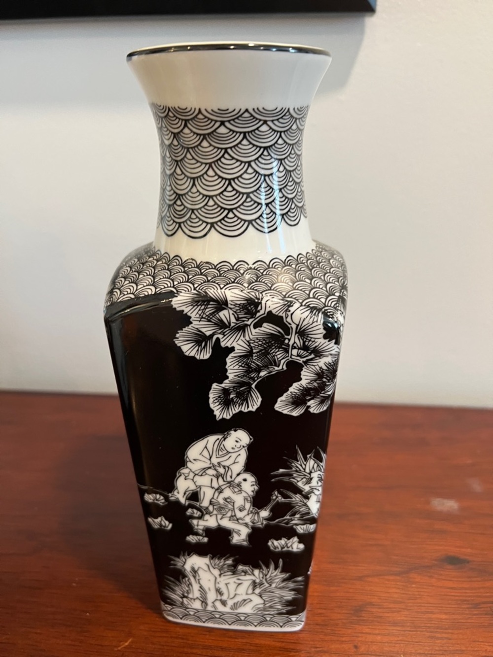 Black and White Porcelain Vase with Asian Motif